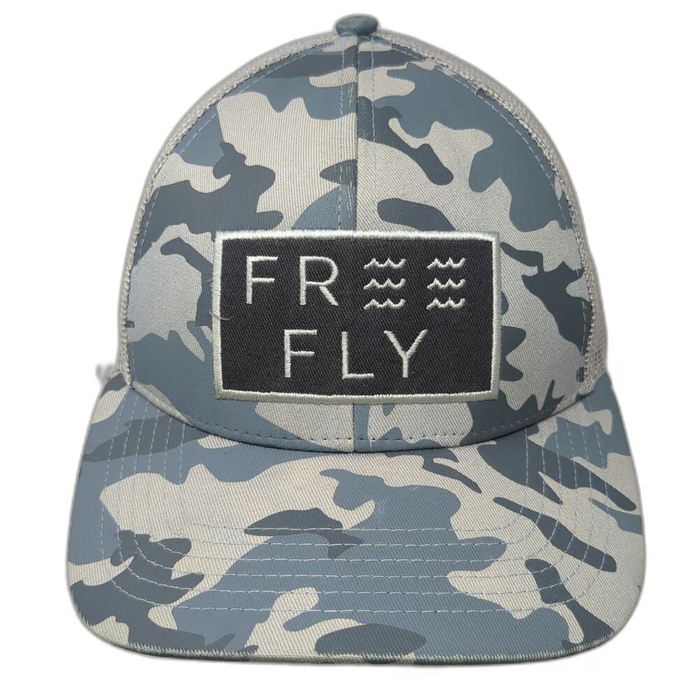 Free Fly Trucker Hat Gray Blue Camo One Size Mesh Snapback Fishing Logo Patch